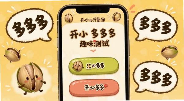 开心果多多多趣味测试界面，手机屏幕显示测试题目和卡通选项按钮，周围环绕开心果多多多文字气泡，背景为暖黄色调，画面温馨有趣