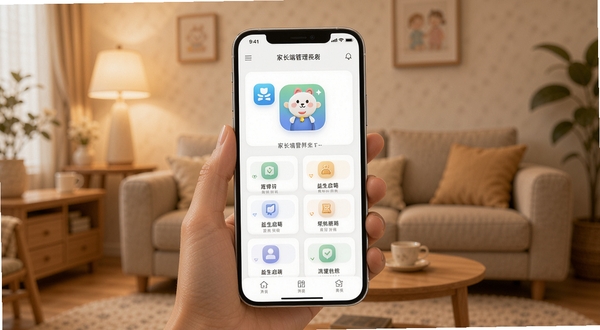 益生启萌 软件主界面展示,画面中央是手机屏幕显示家长端管理面板,背景为温馨家庭客厅环境,柔和暖色调,突出应用图标与功能卡片,整体风格简洁现代,适配Boogu模型生成