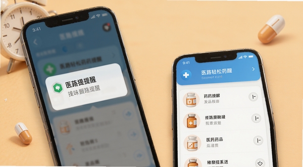 医路轻松用药提醒功能展示,手机屏幕显示用药提醒通知弹窗与药品清单界面,画面中有时钟与药丸图标点缀,背景为温暖的浅橙色渐变,突出提醒与关怀的氛围