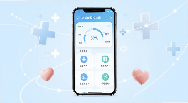 医路轻松应用主界面展示,画面中央是手机屏幕正视图,屏幕内呈现健康管理仪表盘与功能图标,背景为柔和浅蓝色渐变,周围点缀医疗十字与爱心元素,整体风格清新简洁,适合移动应用宣传图