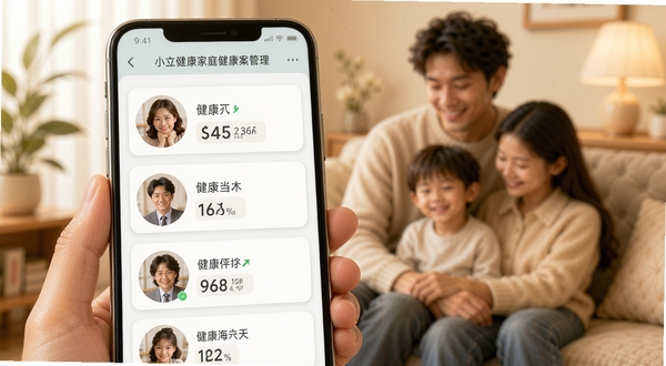 小立健康家庭健康档案管理界面,画面展示一部手机屏幕上有多个家庭成员头像卡片,每个人头像旁有健康数据摘要,背景为温馨的家庭场景虚化,色调温暖柔和