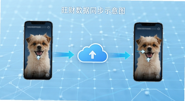 旺财数据同步示意图,两部手机通过云朵图标连接,数据流向箭头清晰,背景为浅蓝色科技感网格,体现多设备同步的便捷性