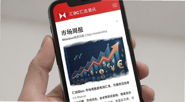 汇丰汇选应用内的资讯阅读界面，手机屏幕显示一篇标题为“市场周报”的文章，配图是抽象的数据上升曲线与货币符号，背景为白色，文字排版整洁，顶部有汇丰汇选的品牌色导航栏，整体呈现专业金融资讯风格