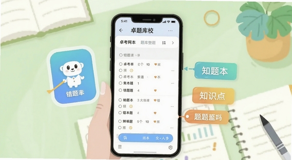 卓考网校题库练习界面截图风格插画,展示手机屏幕内选择题答题页面,屏幕旁漂浮着错题本图标与知识点标签,背景为浅绿色学习桌面环境,突出智能刷题与错题整理功能