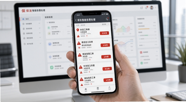 保友智能告警处理界面，画面中手机屏幕显示多条告警工单列表，每条带有红色警示标识与处理按钮，背景为浅灰商务风格，突出高效处理氛围