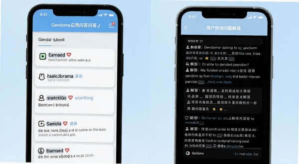 Gendome应用问答界面示意图,手机屏幕显示常见问题列表和解答文字,背景为淡蓝色渐变,界面简洁清晰,突出用户咨询与解答的互动场景