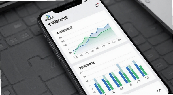 中远博途学习进度追踪页面,手机屏幕展示折线图与柱状图组合的数据面板,图表颜色为蓝色与绿色,背景为白色卡片式布局,画面简洁商务风,带中远博途标识
