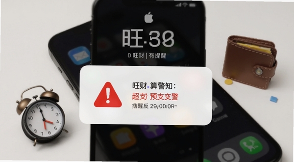 旺财预算提醒通知界面,手机锁屏状态下显示超支预警弹窗,红色警示图标醒目,背景为深色手机桌面,旁边有闹钟和钱包道具,突出提醒功能