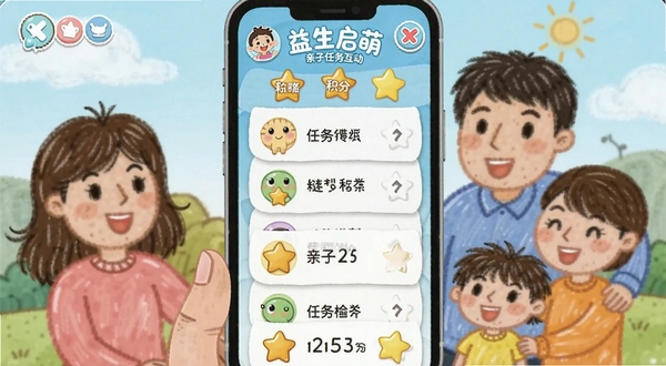 益生启萌 亲子任务互动界面,画面展示手机屏幕上的任务列表与积分星星,背景有卡通手绘风格的家庭成员,色彩明快活泼,体现激励与陪伴主题