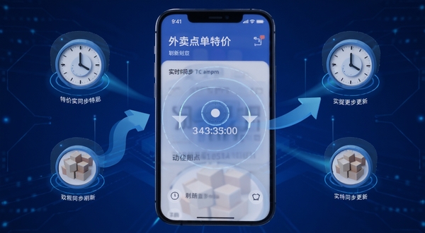 外卖点单特价实时更新特价库功能示意图,手机屏幕显示刷新动画与时间戳,背景为科技感蓝色调,画面中有数据同步箭头与时钟图标,突出信息实时更新特性