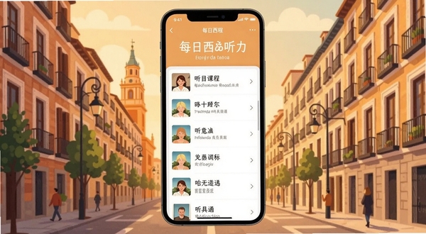 每日西语听力 软件主界面展示,手机屏幕中央显示听力课程列表,背景为马德里街景插画风格,色调温暖明亮,整体构图简洁清晰