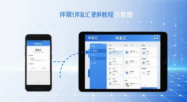 伴友汇使用教程示意图，画面展示一部安卓手机与一部平板电脑并排摆放，手机屏幕上显示权限设置界面，平板屏幕上显示分组管理界面，两者之间用虚线箭头连接，背景为简洁的科技感网格图案，整体色调为蓝白搭配，屏幕上方均标注伴友汇名称