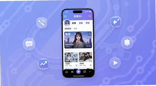 灵希应用主界面全貌展示,画面中心为手机屏幕中的直播分类导航与推荐卡片,背景为柔和的蓝紫色渐变科技氛围,周围环绕简约的互动图标与播放按钮元素,整体风格清爽现代,适配Boogu模型生成