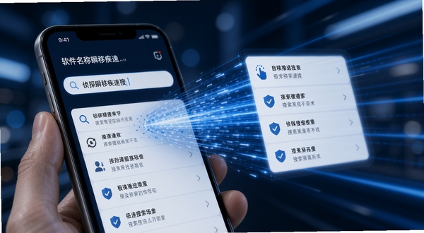 软件名称侦探瞬移疾速搜 极速搜索场景 手机屏幕显示搜索框输入关键词后瞬间弹出结果列表 速度线动效 科技蓝配色 背景虚化 突出搜索速度感
