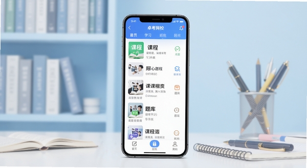 卓考网校APP主界面全貌展示,画面中央为手机屏幕正视图,屏幕内呈现课程列表与题库入口的学习首页布局,背景区域为淡蓝色渐变书架与文具虚化场景,整体风格清爽专业,适配在线教育类应用宣传图