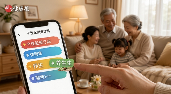健康报个性化频道订阅界面,手机屏幕展示多个彩色频道标签,用户手指正点击养生频道,背景为温馨家庭场景,光线柔和,突出个性化定制氛围