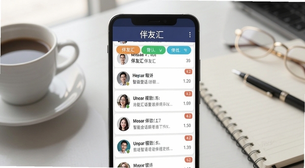 伴友汇智能会话整理功能界面，画面主体为一部安卓手机，屏幕中展示多个彩色标签页与整齐排列的会话条目，每个条目左侧带有好友头像缩略图，右侧标注未读数量角标，背景为办公桌面一角，有咖啡杯与笔记本作为点缀，光线柔和自然，突出软件名称伴友汇在屏幕顶部居中显示