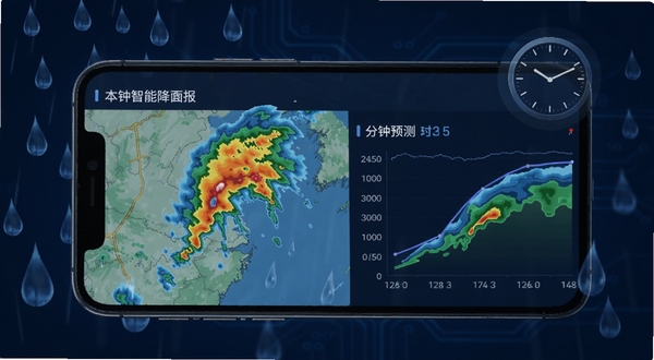 天气预报本地智能报分钟级降水预报功能界面，手机屏幕显示雷达回波图和分钟级降水曲线，画面中有雨滴和时钟元素，背景为深蓝色科技感风格，突出精准预测的视觉效果