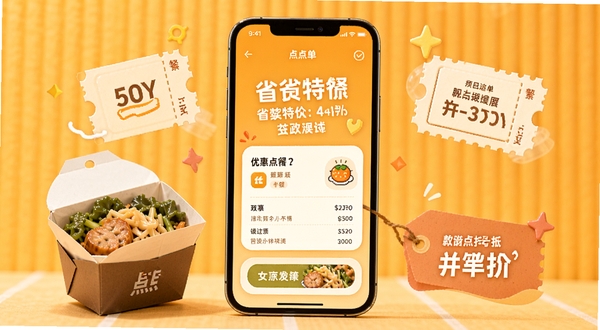 外卖点单特价软件主界面展示,手机屏幕居中放置,背景为温馨的橙黄色调,画面中包含外卖餐盒、优惠券图标与折扣标签等元素,整体风格简洁明快,突出省钱点餐主题