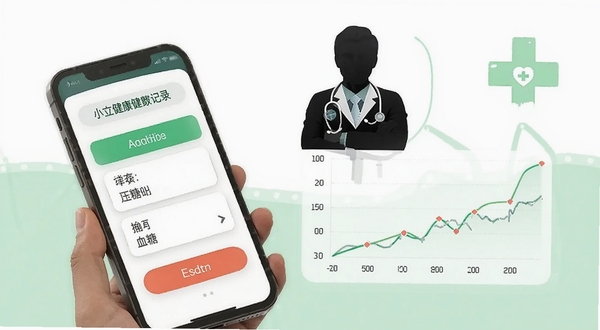 小立健康健康数据记录界面,手机屏幕显示血压血糖输入面板,旁边有折线图展示近期数据变化趋势,背景为干净的白色和淡绿色,画面中有医生形象剪影和健康十字标志,突出数据管理功能