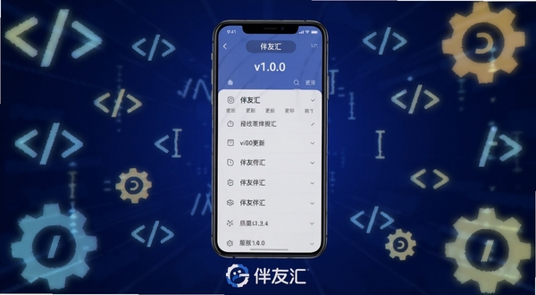 伴友汇版本更新界面截图，画面中心为手机屏幕，屏幕内展示更新日志列表与版本号v1.0.0字样，背景为深蓝色渐变，四周环绕发光的代码符号与齿轮图标，整体风格偏向科技感，屏幕下方有伴友汇品牌标识