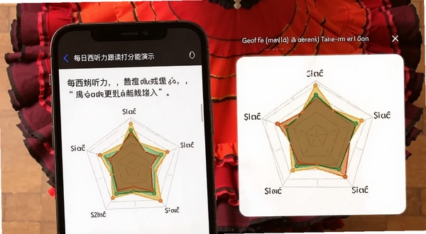 每日西语听力 跟读打分功能演示,手机屏幕显示句子和评分雷达图,背景为西班牙弗拉门戈舞裙图案,色彩浓郁,构图聚焦屏幕内容