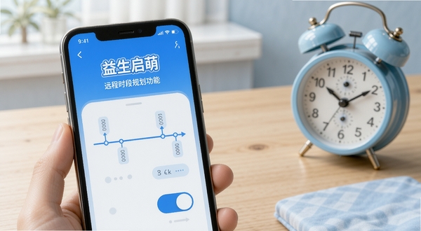 益生启萌 远程时段规划功能界面,手机屏幕显示时间轴与开关按钮,背景是书桌与闹钟元素,清新蓝色调,强调家长与孩子共同制定计划的场景
