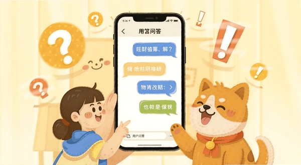 旺财用户问答场景插画,手机屏幕显示问答对话框,周围有问号和感叹号图标,背景为淡黄色温馨色调,体现用户交流氛围