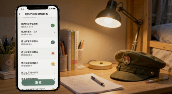 师之航军考错题本功能界面，手机屏幕显示错题列表与重做按钮，背景为宿舍书桌一角，有台灯和军帽，画面温馨安静，适合Boogu模型生成