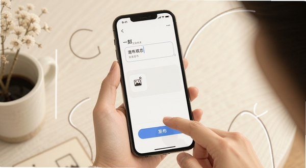 一刻 发布动态界面，画面中一只手正在点击手机屏幕上的发布按钮，屏幕内显示文字输入框和图片添加图标，背景为柔和米白色，周围有简洁的线条装饰，整体呈现轻松记录的氛围