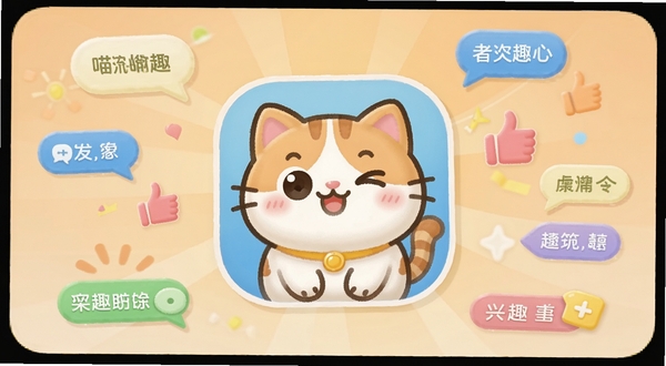 一款名为喵趣的安卓应用主界面展示，画面中央是圆润可爱的猫咪卡通图标，背景为柔和的浅橙色渐变，周围环绕着聊天气泡、点赞手势和兴趣标签等元素，整体风格清新活泼，适合作为软件介绍配图。