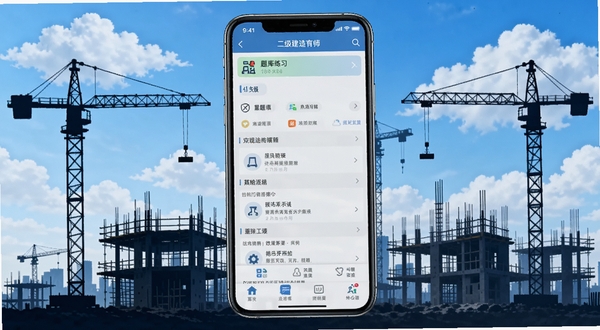 二级建造师手机应用主界面展示，画面中央是手机屏幕显示题库练习页面，背景是建筑工地剪影与蓝天白云，整体色调明亮专业