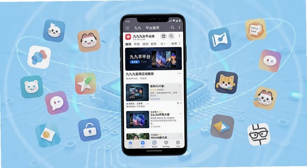 九九平台应用主界面全貌展示，画面中央是一部竖屏安卓手机，屏幕上显示九九平台的首页推荐列表，背景为浅蓝色渐变科技风格，周围环绕各类应用图标，整体色调清新明亮，适配Boogu模型生成