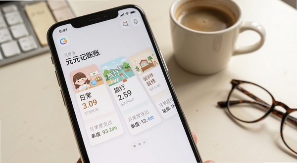 元元记账多账本管理界面特写,手机屏幕内展示三个并排的账本卡片,分别标注日常、旅行、装修,卡片下方带有月度支出小计,背景为柔和的米白色书桌,旁边放着一杯咖啡和一副眼镜,整体氛围安静适合财务整理