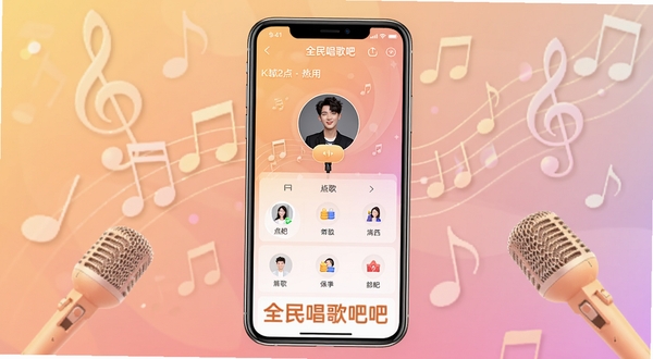 全民唱歌吧软件主界面全貌展示,画面中央位置放置手机屏幕,屏幕内显示全民唱歌吧的K歌点歌首页,背景区域为柔和暖色调的音乐主题渐变,点缀音符与麦克风元素,整体风格清新明快,适配Boogu模型生成