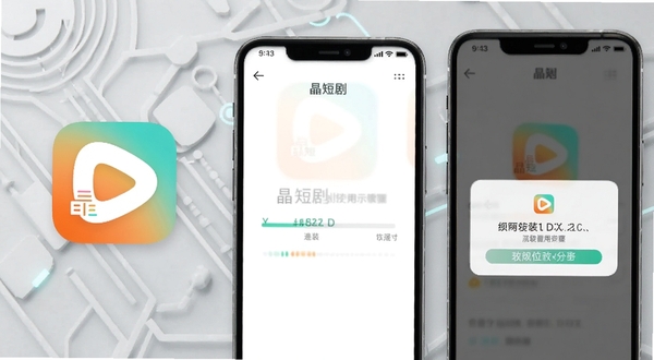 晶短剧安装使用步骤示意图,手机屏幕展示安装进度条与权限弹窗界面,背景为浅灰色科技纹理,画面中带有晶短剧图标元素,风格写实清晰
