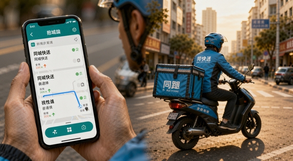 骑手跑腿同城快送骑手端接单界面与地图导航场景,画面左侧为骑手手持手机查看订单列表,右侧为城市街道背景中骑手骑行配送,色调温暖写实,突出同城快送服务氛围