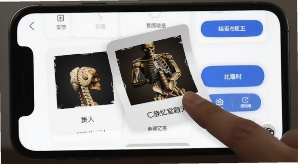 C族记忆宫殿手机端操作演示图,手指正在点击屏幕上的记忆卡片,卡片翻转显示图像与文字,背景是简洁的白色界面与蓝色高亮按钮