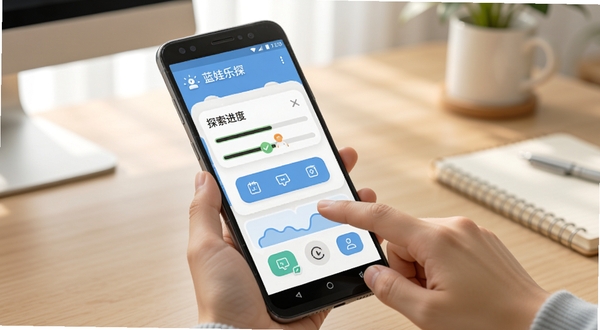 蓝娃乐探手机端操作示意图，画面展示一部安卓手机正在运行蓝娃乐探，屏幕显示探索进度和功能按钮，手指轻触屏幕的瞬间被捕捉，背景为简洁的室内桌面环境，光线柔和，突出操作便捷性