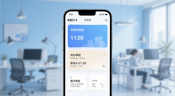 平安人移动办公软件主界面展示,画面中央为手机屏幕特写,屏幕内呈现考勤打卡与待办审批卡片式布局,背景为浅蓝色渐变办公场景虚化,整体风格清爽简洁,适配Boogu模型生成