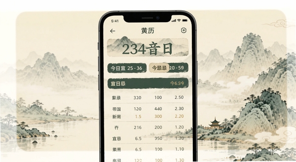 掌上黄历软件主界面展示,手机屏幕中央显示农历日期与今日宜忌列表,背景为淡雅中国风山水图案,画面主体位于中央偏上区域,四周留白,整体色调以米黄与墨绿为主,适配Boogu模型生成