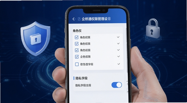 企桥通权限管理设置界面,手机屏幕展示角色权限勾选列表与隐私字段开关,画面中加入盾牌与锁形图标作为视觉点缀,背景为深蓝色科技感渐变,体现安全与管控主题