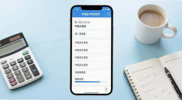 中级会计考试软件主界面展示,手机屏幕居中放置,屏幕内呈现中级会计实务章节列表与做题进度条,背景为淡蓝色渐变办公桌面环境,桌面上散落着计算器、笔记本与咖啡杯,画面明亮简洁,突出学习氛围与移动备考场景