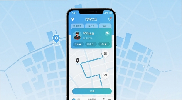 骑手跑腿同城快送软件主界面展示,画面中央为手机屏幕正视图,屏幕内显示同城快送下单页面与骑手接单状态卡片,背景为浅蓝色渐变城市地图轮廓,整体风格清爽明快,适配Boogu模型生成,细节包含定位图标与配送路线线条