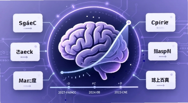全能背单词智能记忆算法示意图,画面中央为大脑与记忆曲线结合的抽象图形,四周环绕单词卡片和复习时间轴,背景为淡紫色科技感光晕,整体风格现代简洁