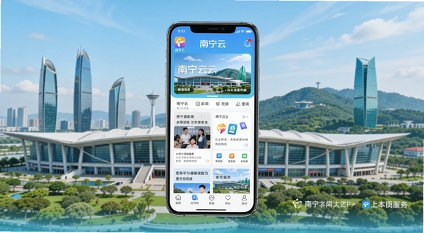 南宁云APP官方主界面展示图，画面中央是手机屏幕，屏幕内呈现南宁云应用首页，背景是南宁地标建筑如南宁国际会展中心与青秀山，色调明亮清新，突出本地化新闻资讯与便民服务板块。
