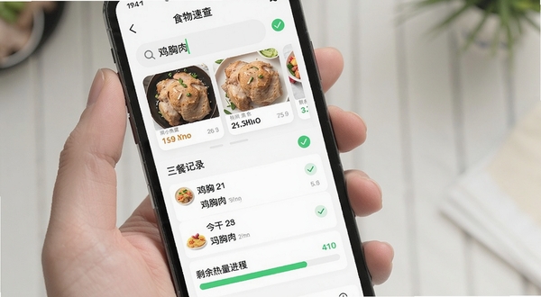 热量计算软件内食物速查与记录界面,手机屏幕显示搜索框输入“鸡胸肉”后出现的热量卡片,下方为今日三餐记录列表与剩余热量进度条,背景为简洁白色,点缀绿色对勾图标,突出数据管理功能