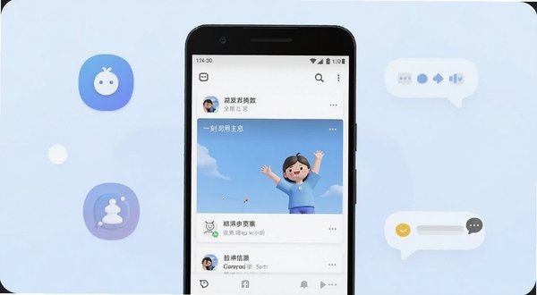 一刻 应用界面整体展示图，画面中央是一部竖屏安卓手机，屏幕内呈现一刻应用的主页信息流，背景为浅蓝色渐变，周围点缀圆形社交图标与消息气泡，整体风格简洁清新，适配Boogu模型生成