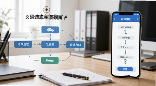 交通违章车辆指南 功能展示图 画面左侧为违章处理流程图 右侧为手机屏幕显示步骤指引界面 背景为办公桌与文件场景 光线明亮柔和 细节丰富