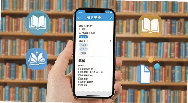 知识英雄 题库练习界面 手机屏幕展示选择题与解析 背景为书架与知识图标 明亮清爽风格